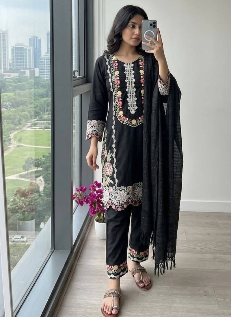 Black rayon readymade suit with embroidery & thread work