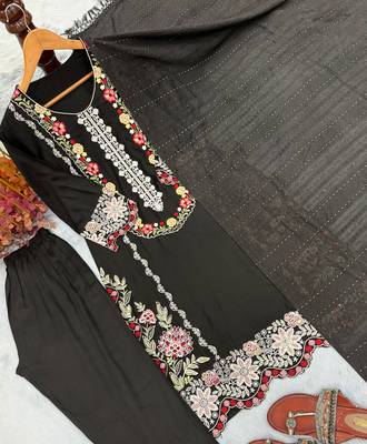 Black rayon readymade suit with embroidery & thread work 2