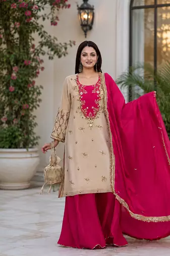 rani pink color beautiful embroidery and sequins work cotton kurti palazzo set
