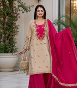 rani pink color beautiful embroidery and sequins work cotton kurti palazzo set