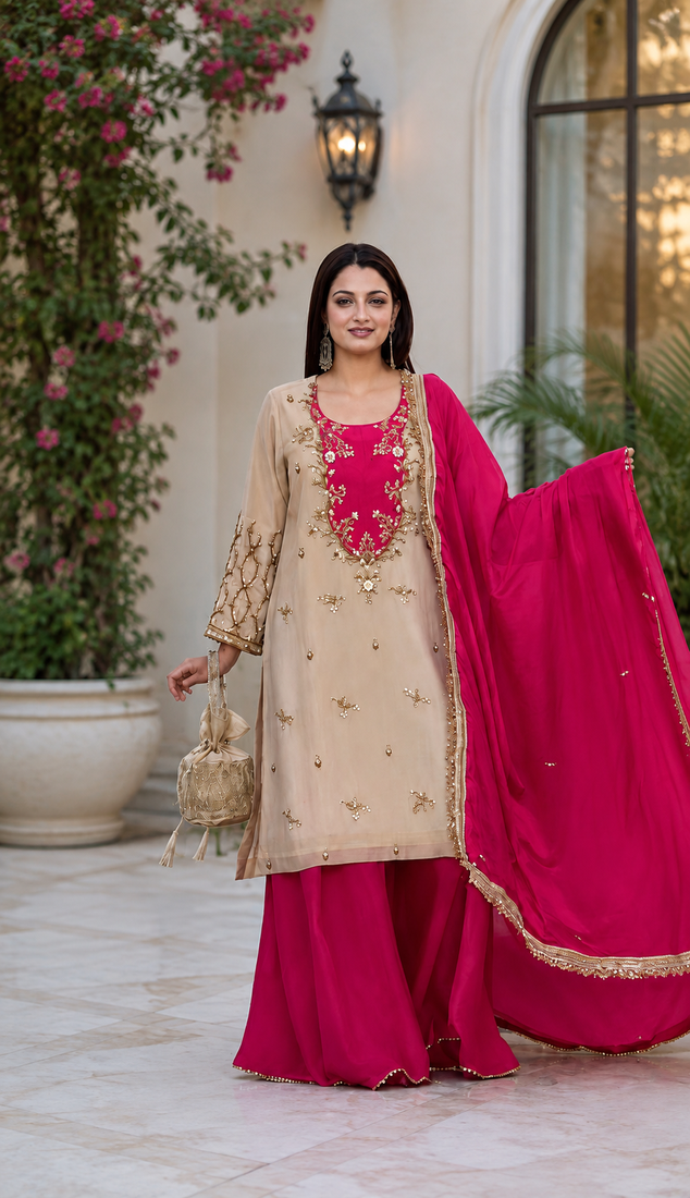 rani pink color beautiful embroidery and sequins work cotton kurti palazzo set