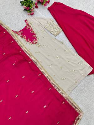 rani pink color beautiful embroidery and sequins work cotton kurti palazzo set 2