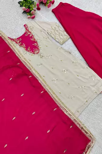 rani pink color beautiful embroidery and sequins work cotton kurti palazzo set