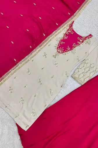 rani pink color beautiful embroidery and sequins work cotton kurti palazzo set