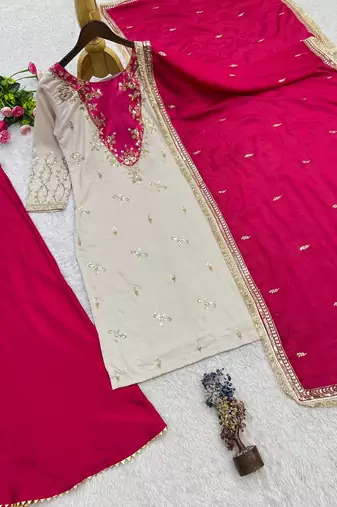 rani pink color beautiful embroidery and sequins work cotton kurti palazzo set