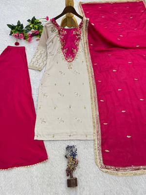 rani pink color beautiful embroidery and sequins work cotton kurti palazzo set 5