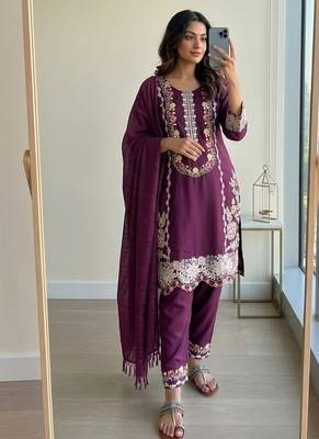 Purple rayon readymade suit with embroidery & thread work 1