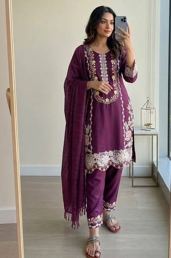 Purple rayon readymade suit with embroidery & thread work