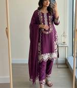 Purple rayon readymade suit with embroidery & thread work