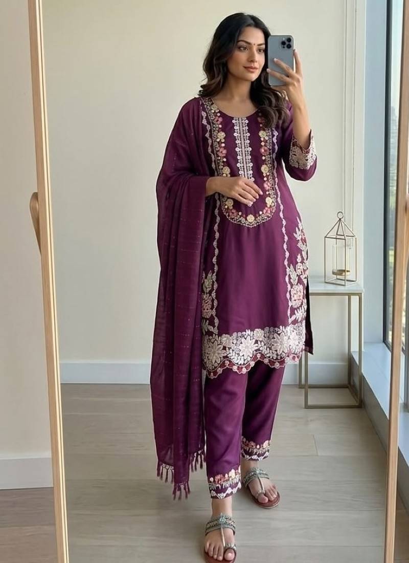 Purple rayon readymade suit with embroidery & thread work
