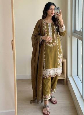 Mustard rayon readymade suit with embroidery & thread work 1