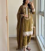 Mustard rayon readymade suit with embroidery & thread work