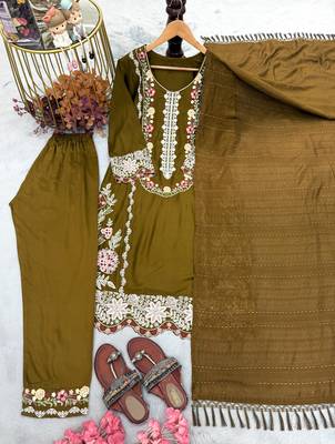 Mustard rayon readymade suit with embroidery & thread work 3