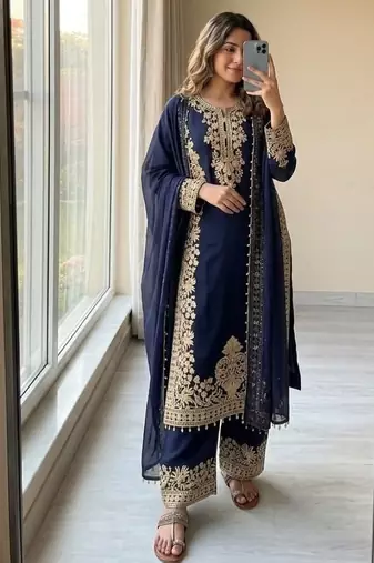 Navy georgette readymade suit with embroidery & sequence work