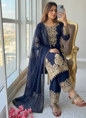 Navy georgette readymade suit with embroidery & sequence work 2