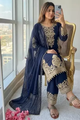 Navy georgette readymade suit with embroidery & sequence work