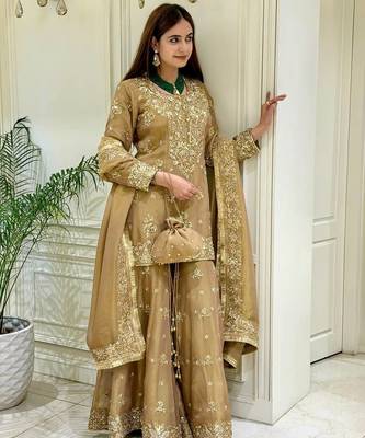 Yellow silk blend readymade suit with embroidery & sequence work 1