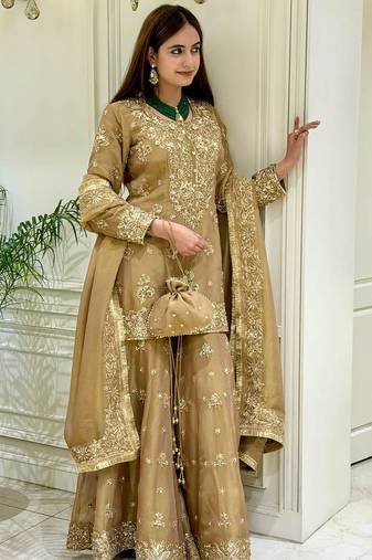 Yellow silk blend readymade suit with embroidery & sequence work