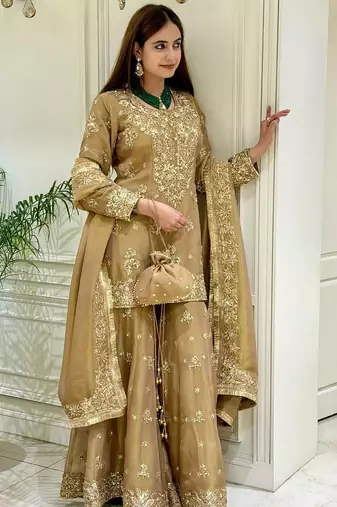 Yellow silk blend readymade suit with embroidery & sequence work