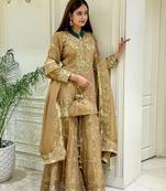 Yellow silk blend readymade suit with embroidery & sequence work