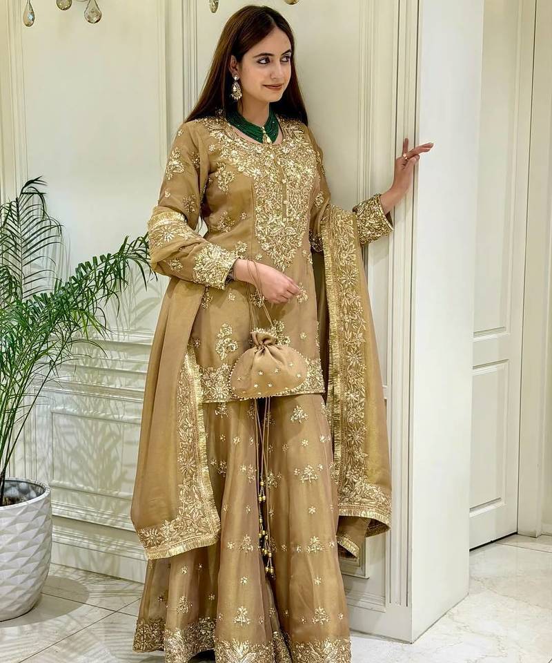 Yellow silk blend readymade suit with embroidery & sequence work
