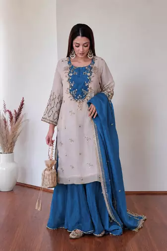 blue color beautiful embroidery and sequins work cotton kurti palazzo set