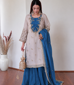 blue color beautiful embroidery and sequins work cotton kurti palazzo set