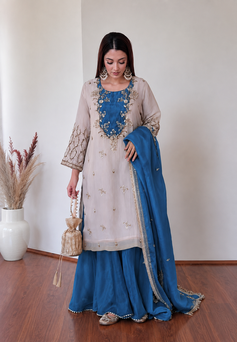 blue color beautiful embroidery and sequins work cotton kurti palazzo set