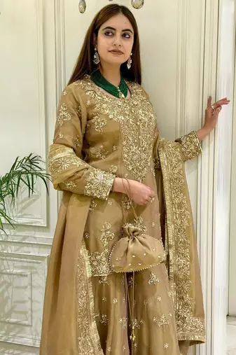 Yellow silk blend readymade suit with embroidery & sequence work