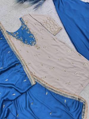 blue color beautiful embroidery and sequins work cotton kurti palazzo set 2