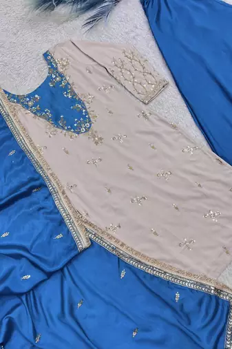 blue color beautiful embroidery and sequins work cotton kurti palazzo set