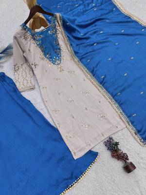 blue color beautiful embroidery and sequins work cotton kurti palazzo set 3