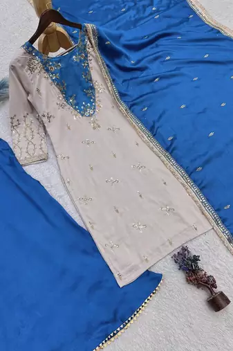 blue color beautiful embroidery and sequins work cotton kurti palazzo set