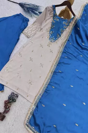 blue color beautiful embroidery and sequins work cotton kurti palazzo set