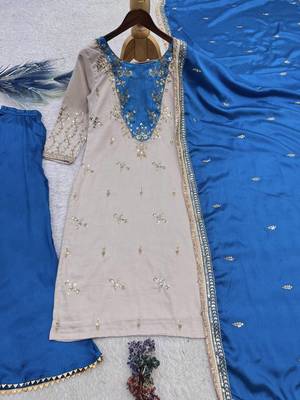 blue color beautiful embroidery and sequins work cotton kurti palazzo set 5