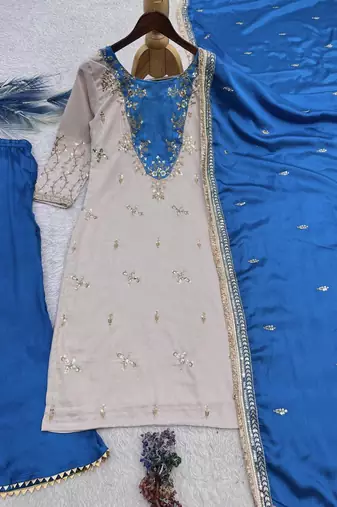 blue color beautiful embroidery and sequins work cotton kurti palazzo set