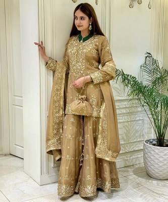 Yellow silk blend readymade suit with embroidery & sequence work 3