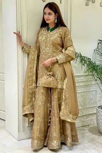 Yellow silk blend readymade suit with embroidery & sequence work