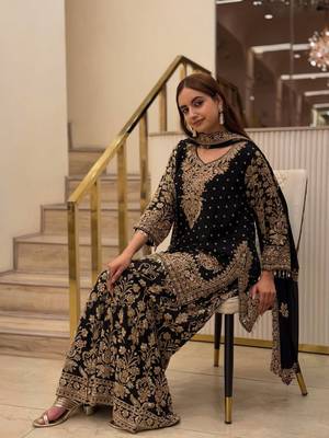 Black Color Embroidery,Sequence And Mirror Work Fuax Georgette Salwar Suit  2