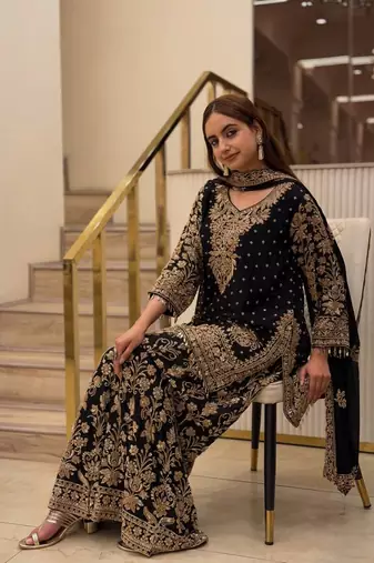 Black Color Embroidery,Sequence And Mirror Work Fuax Georgette Salwar Suit 