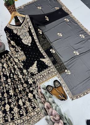 Black Color Embroidery,Sequence And Mirror Work Fuax Georgette Salwar Suit  3