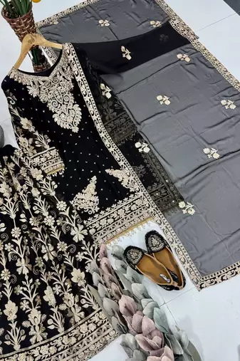 Black Color Embroidery,Sequence And Mirror Work Fuax Georgette Salwar Suit 