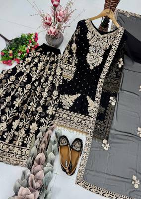 Black Color Embroidery,Sequence And Mirror Work Fuax Georgette Salwar Suit  4