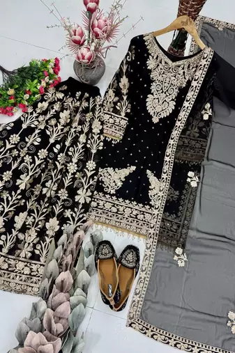 Black Color Embroidery,Sequence And Mirror Work Fuax Georgette Salwar Suit 