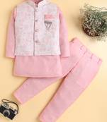 Boys pink cotton blend kurta pyjama set with jacquard leaf pattern waistcoat