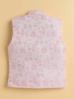 Boys pink cotton blend kurta pyjama set with jacquard leaf pattern waistcoat 2