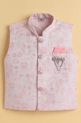 Boys pink cotton blend kurta pyjama set with jacquard leaf pattern waistcoat
