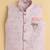 Boys pink cotton blend kurta pyjama set with jacquard leaf pattern waistcoat