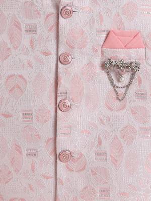 Boys pink cotton blend kurta pyjama set with jacquard leaf pattern waistcoat 4