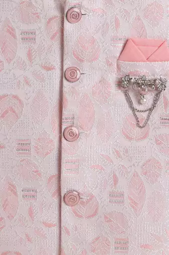 Boys pink cotton blend kurta pyjama set with jacquard leaf pattern waistcoat